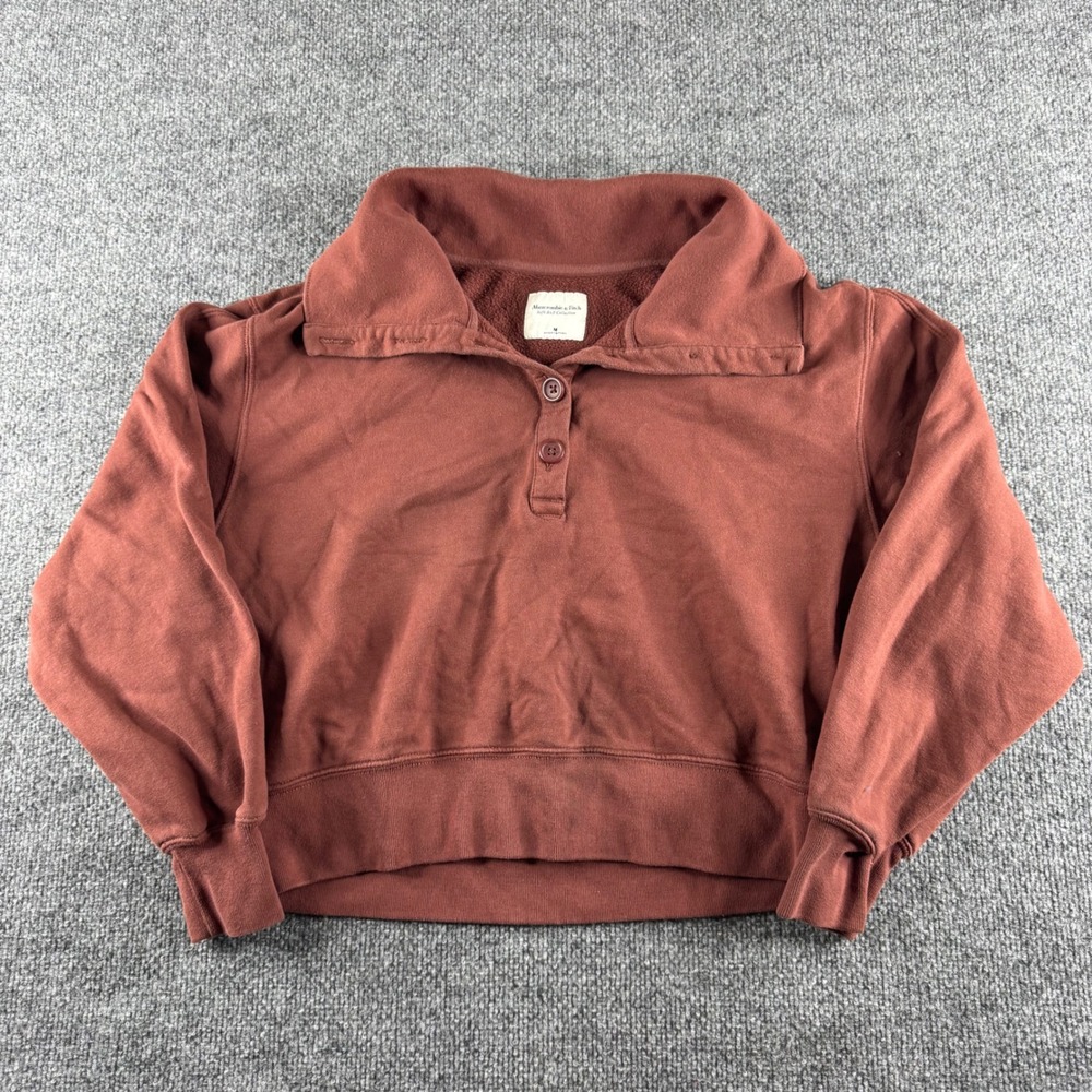 Abercrombie & Fitch Soft A&F Collection Cropped Henley Sweatshirt Clay Red M